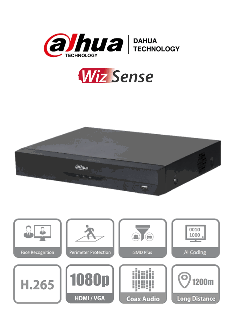 DAHUA XVR5108HE-I3 - DVR de 8 Canales 5 Megapixeles Lite/ WizSense/ H.265+/ 8 Canales +4 IP/ Hasta 12 Ch IP/ 1 Canal de Reconocimiento Facial/ SMD Plus/ Protección Perimetral/ 1 Puerto SATA/ 8&3 E&S de Alarmas/ 8 Entradas de Audio/ IoT&POS/ #VolDH