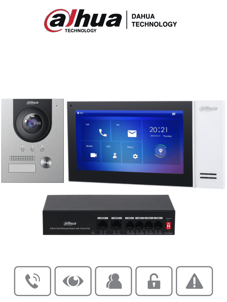 DAHUA KTP01L(S) - Kit de Videoportero IP con Frente de Calle Metalico y cámara de 2MP. Incluye monitor táctil de 7", ranura SD, control de puerta, E/S de alarmas, y switch PoE de 6 puertos, 36W. Ideal para seguridad avanzada.