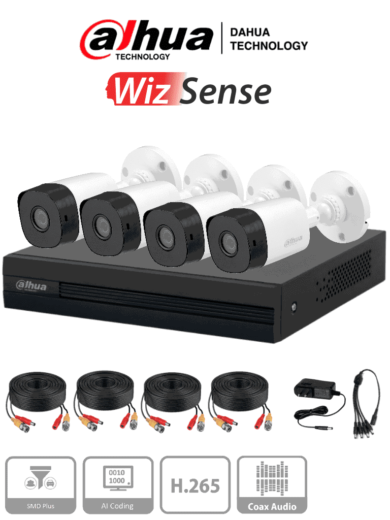 DAHUA KITXVR1B04-I1MP-2.8 es un kit de 4 canales con cámaras B1A11 de 1 megapíxel, lente de 2.8mm y ángulo de visión 93°. Soporta 4 canales más 1 IP o hasta 5 canales IP, tecnología SMD Plus, búsqueda de humanos y vehículos #WizSense #TopDahua #HSDPP