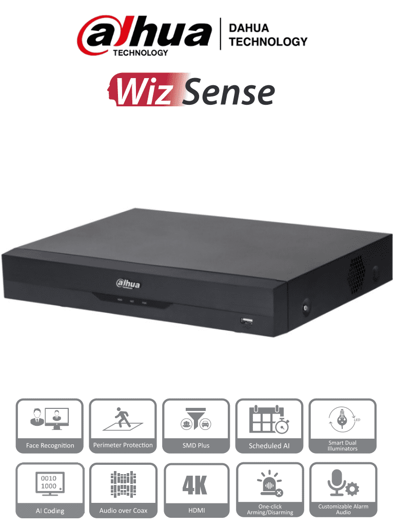 DAHUA XVR5116H-4KL-I3 - DVR de 16 Canales 4k/ 8 Megapixeles/ WizSense/ IA/ H.265+/ 16 Canales + 16 IP/ Hasta 32 Ch IP/ 2 Canales de Reconocimiento Facial/ SDM Plus/ Codificación con IA/ 1 Bahía de Disco Duro/ Funciones IoT & POS/