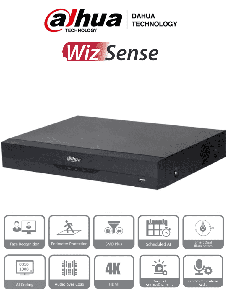 [DHT0370034] DAHUA XVR5116HE-4KL-I3 - DVR 16 Canales 4K con IA, WizSense, H.265+, 16 Canales HDCVI+IP (32 Ch máx.), Reconocimiento Facial, SMD Plus, Protección Perimetral, 16&3 E&S Alarma, 1 Puerto SATA.