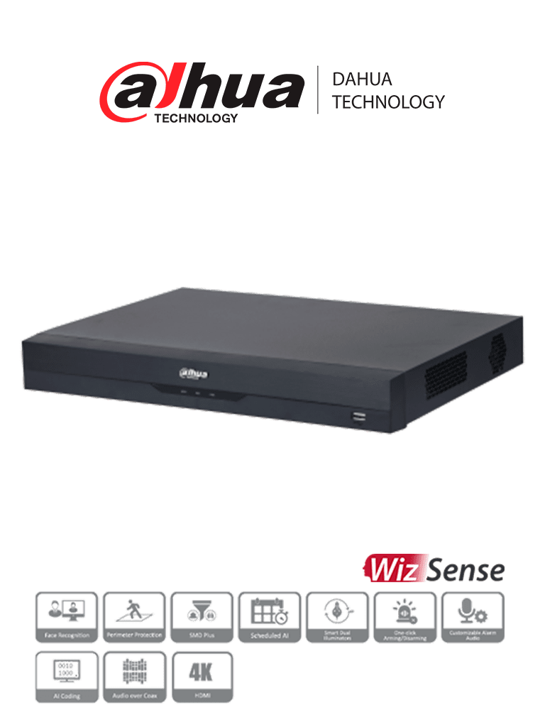[DHT0370036] DAHUA XVR5216A-4KL-I3 - DVR de 16 Canales 4k/ WizSense/ H.265+/ 16 Canales HDCVI+16 IP/ Hasta 32 Ch IP/ 2 Ch de Reconocimiento Facial/ SDM Plus/ Protección Perimetral/ 2 SATA de hasta 10TB/ 16&3 E&S de Alarmas/ 4 Canales de Audio/ IoT/ POS/