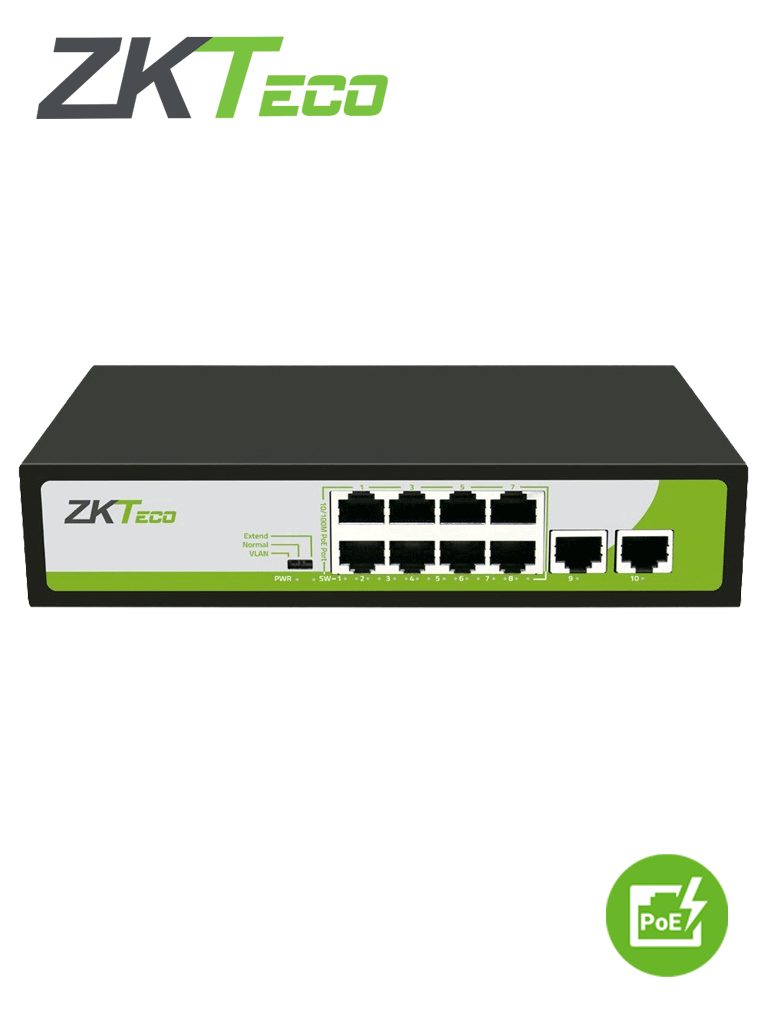 ZKTECO PE082120C- Switch de 8 Puertos Fast Ethernet PoE AF - AT / 2 Puertos RJ45 10/100M / Soporta hasta 250 mts sobre UTP CAT 6 / Autoadaptación MDI - MDIX / Protección Contra Descargas
