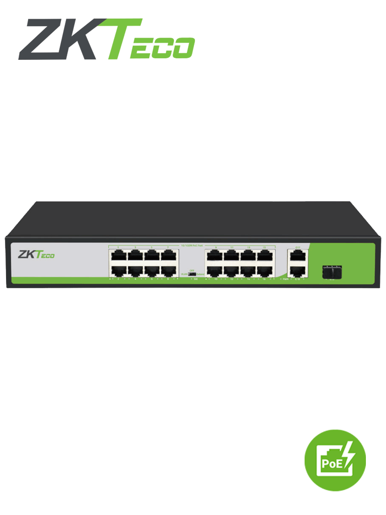 [ZKT1850003] ZKTECO PE162200C - Switch de 16 Puertos Fast Ethernet PoE AF - AT / 2 Puertos RJ45 10/100/1000M + 1 Puerto SFP 1G / Soporta hasta 250 mts sobre UTP CAT 6 / Autoadaptación MDI - MDIX / Protección Contra Descargas