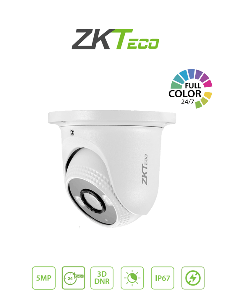 ZKTECO ES855P11CS7CMI- Cámara IP Domo Full Color 5 Megapíxeles /  Compresión H.265 / Lente 2.8 mm / Alcance IR 20mts / Detección Facial / Micrófono Integrado / Carcasa metálica / PoE /  IP67 / P2P 