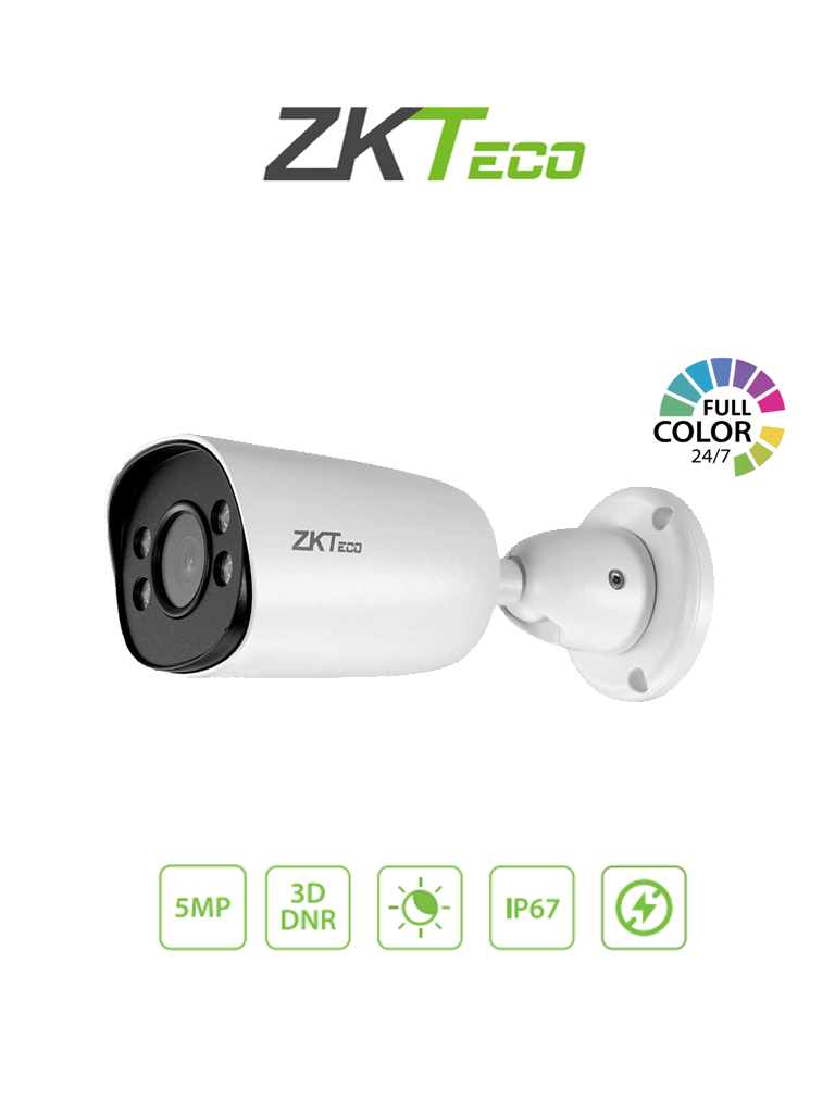 ZKTECO BS855P12CS7CMI - Cámara IP Bullet Full Color 5MP  / Compresión H.265 / Lente 3.6 mm / Alcance IR 20mts / Detección Facial / Micrófono Integrado / Carcasa metálica / PoE / IP67 / P2P 