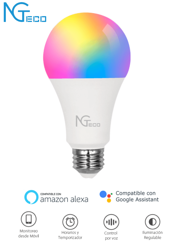 NGTECO NGL200 - Foco LED Inteligente WiFi de 9W / Color regulable / Control remoto App / Control por voz Amazon Alexa y Google Assistant / WiFi 2.4 GHz / Configuración Horarios / 950 Lumenes #NG1  #NOV