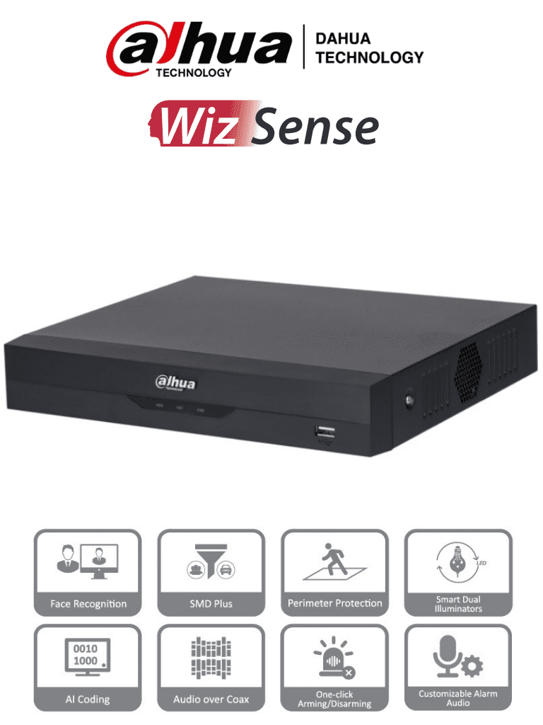 DAHUA XVR5104HS-I3 - DVR de 5MP Lite con WizSense. Soporta 4 canales + 2 IP o hasta 6 canales IP. Reconocimiento facial y protección perimetral en 1 canal, incluye SDM Plus, codificación H.265+, y funciones para IoT & POS. 1 puerto SATA #HDCVI9.0 #5MP