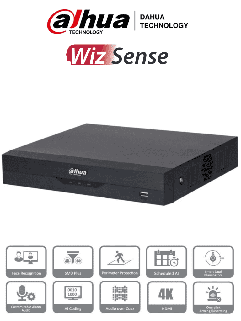 [DHT0360015] DAHUA XVR5104HS-4KL-I3 - DVR 4k de 4 Canales y 4 IP o hasta 8 IP. Equipado con WizSense, codificación H.265+, un canal para reconocimiento facial, protección perimetral y SDM Plus. Bahía SATA para HDD de hasta 10TB. Compatible con IoT y POS
