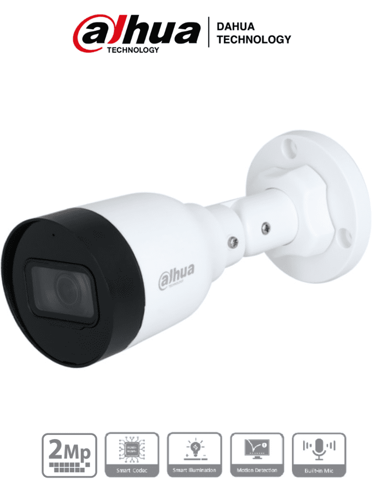 [DHT0030219] Dahua IPC-HFW1230S1-A - Cámara IP Bullet de 2MP, lente de 2.8mm, ángulo de visión de 102 grados, micrófono integrado, compresión H.265+, IR de 30m, protección IP67, PoE, DWDR