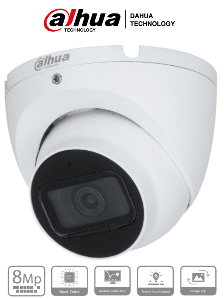 DAHUA IPC-HDW1830T-S6 - Camara IP Domo 4k/ 8 Megapixeles/ Lente de 2.8 mm/ 105 Grados de Apertura/ Micrófono Integrado/ IR de 30 Metros/ Metálica/ H.265/  IP67/ DWDR/ PoE/ 