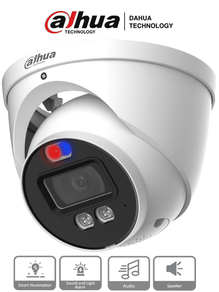 Dahua HAC-ME1239HN-A-PV - Cámara Domo TiOC de 2 Megapixeles/ Disuasion Activa Luz Roja y Azul/  Lente de 3.6 mm/ Super Adapt/ Microfono y Altavoz Integrados/ 40 Metros de Iluminación (IR y Cálida)/ Metalica/ IP67/