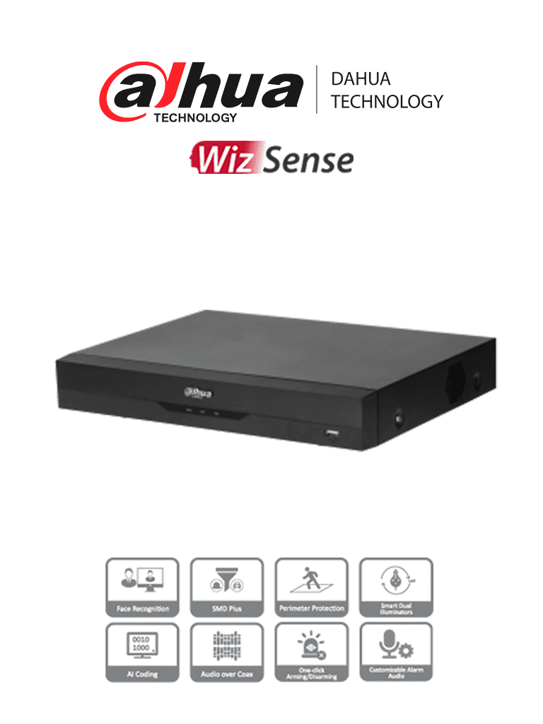 DAHUA XVR5104HE-I3 - DVR de 4 Canales de 5 Megapixeles Lite/ WizSense/ H.265+/ + 2 Ch IP/ Hasta 6 Canales IP/ 1 Ch de Reconocimiento Facial/ SMD Plus/ 1 Bahía de Disco Duro/ E&S Alarmas/ Soporta HDCVI/AHD/CVBS/IP