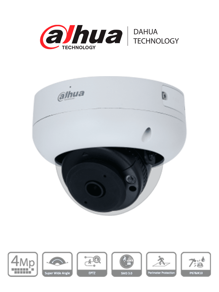 DAHUA IPC-HDBW3441R-AS-P - Cámara IP Domo Antivandálica Resolución de 4 MP/ Lente 2.1 mm/ ∢ 180°/ IR 15 mts/ IA WizSense/ Det. de Mov. Inteligente/ Protección Perimetral / Starlight / PoE / WDR / H.265+ / IP67 / IK10 / Micrófono / E&S Alarma