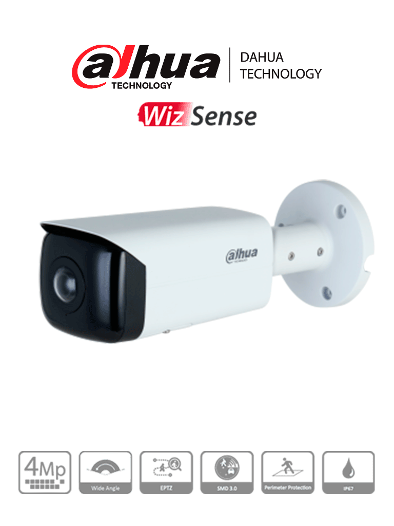DAHUA IPC-HFW3441T-AS-P - Cámara IP Bullet Panorámica Resolución de 4 MP/ Lente 2.1 mm/ ∢ 180°/ IR 20 mts/IA WizSense/Detección de Movimiento Inteligente/ Protección Perimetral / Starlight / PoE / WDR/ H.265+/ IP67/ Micrófono / E&S Alarma