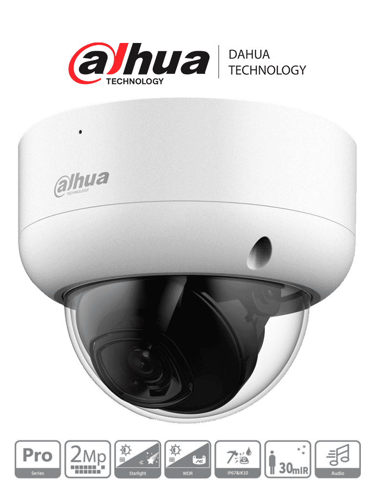 DAHUA HAC-HDBW2241EAN-A - Camara Domo Antivandalica de 2 Megapixeles/ Serie Pro/ Lente de 2.8 mm/ 109 Grados de Apertura/ 40 Metros de IR/ Super Adapt/ WDR Real de 130 dB/ Microfono Integrado/ IP67/ IK10/ 
