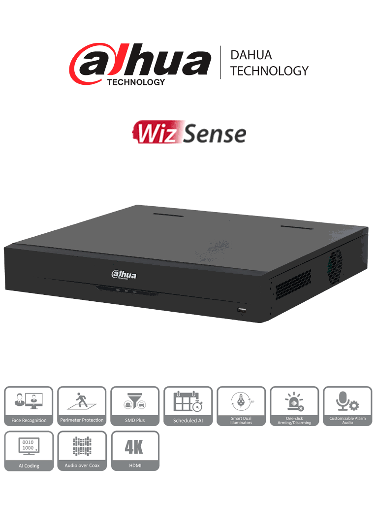 DAHUA DH-XVR5432L-I3 - DVR de 32 Canales de 5 Megapixeles Lite/ WizSense/ IA/ H.265+/ 4 Bahías de Discos Duros/ Hasta 32 Canales IP/ 2 Ch de Reconocimiento Facial/ SMD Plus/ Codificación IA/ Onvif/ Funciones IoT&POS/
