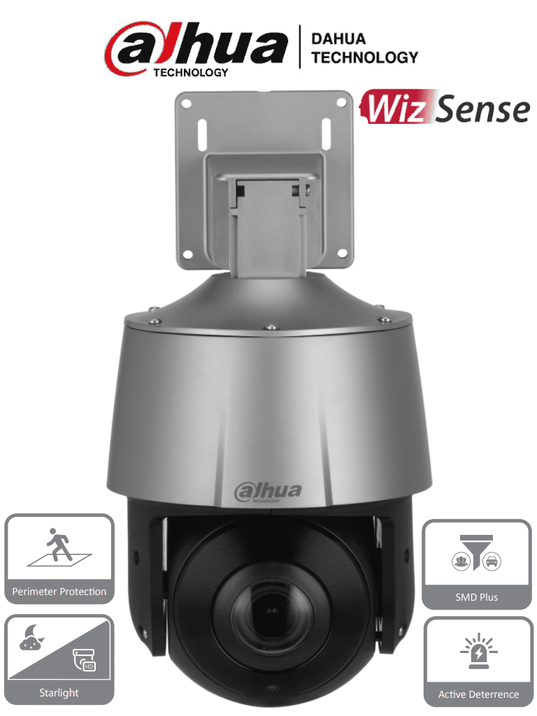 DAHUA SD3A205-GNP-PV - Camara IP PTZ de 2 Megapixeles/ 5x de Zoom Optico/ WizSense/ Starlight/ IR de 30 Mts/ Microfono y Altavoz Integrado/ Audio 2 Vías/ Protección Perimetral/ Disuasión Activa/ 1 Led de Luz Blanca/ IP67/ PoE/ 