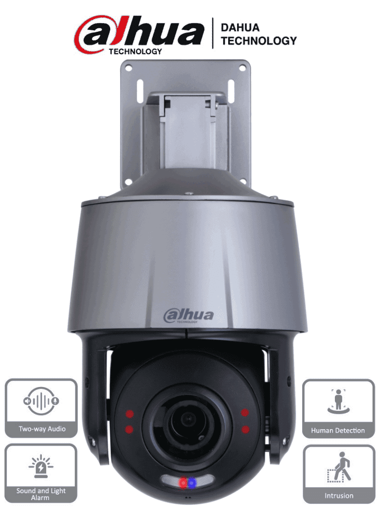 [DHT0060042] DAHUA SD3A405-GN-PV1 - PTZ IP DE 4 Megapixeles con 5x de Zoom Optico/ Disuasión Activa con Estrobo de Luz Roja y Azul/ H.265/ IR de 30 Metros/ Micrófono y Altavoz Integrado/ Audio 2 Vías/ IVS/ Ranura para MicroSD/ IP66/ PoE/