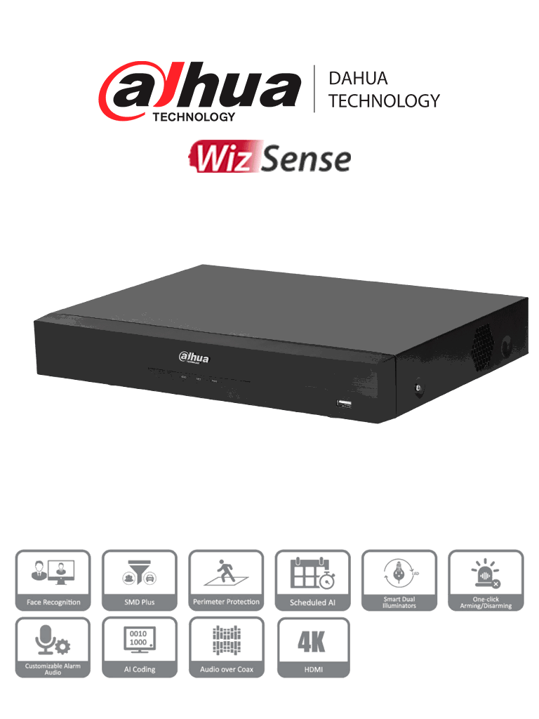 DAHUA DH-XVR5104HE-4KL-I3 - DVR de 4 Canales  4k/ WizSense/ H.265+/ 4 Canales IP Adicionales/ Hasta 8 Canales IP/ 1 Canal de Reconocimiento Facial/ SMD Plus/ E&S de Alarmas/ 1 Bahía de Disco Duro/