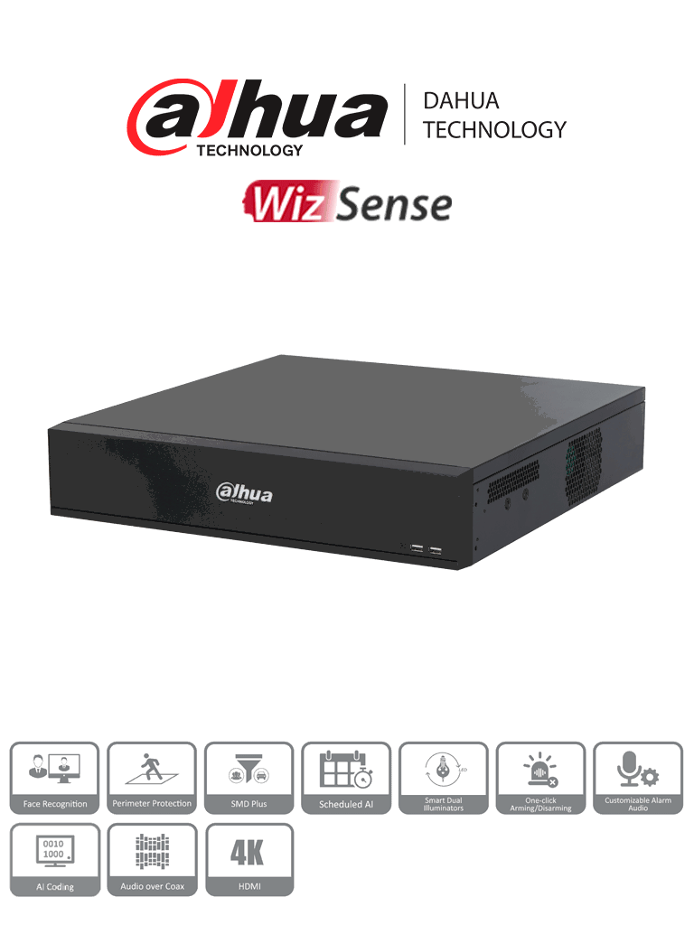 DAHUA DH-XVR7816S-4K-I3 -DVR de 16 Canales 4k/ WizSense/ H.265+/ 8 Bahías de Discos Duros/ +16 Canales IP/ 6 Canales con Reconocimiento Facial/ SMD Plus/ Codificación IA/ IoT & POS/ #XVRPRO/