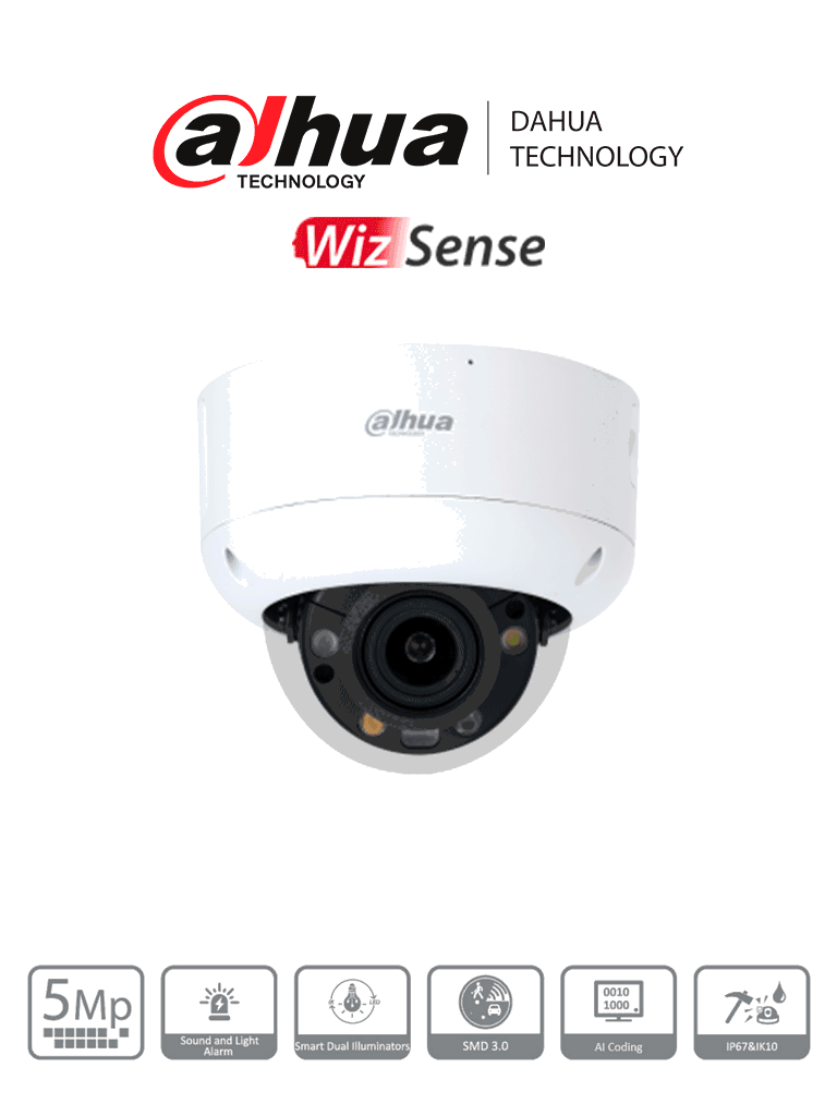 [DHT0030094] DAHUA DH-IPC-HDBW3549R1P-ZAS-PV - Camara IP Domo de 5 Megapixeles /TiOC/ Luz azul y roja/ Iluminadores Duales Inteligentes 40m/ IR 50m/ 113°/ Lente Motorizado/ 2.7 mm–13.5 mm/H.265+/ SMD/ Ranura Micro SD/ PoE/ IP67/ E&S de Alarma y Audio/ IK10 /