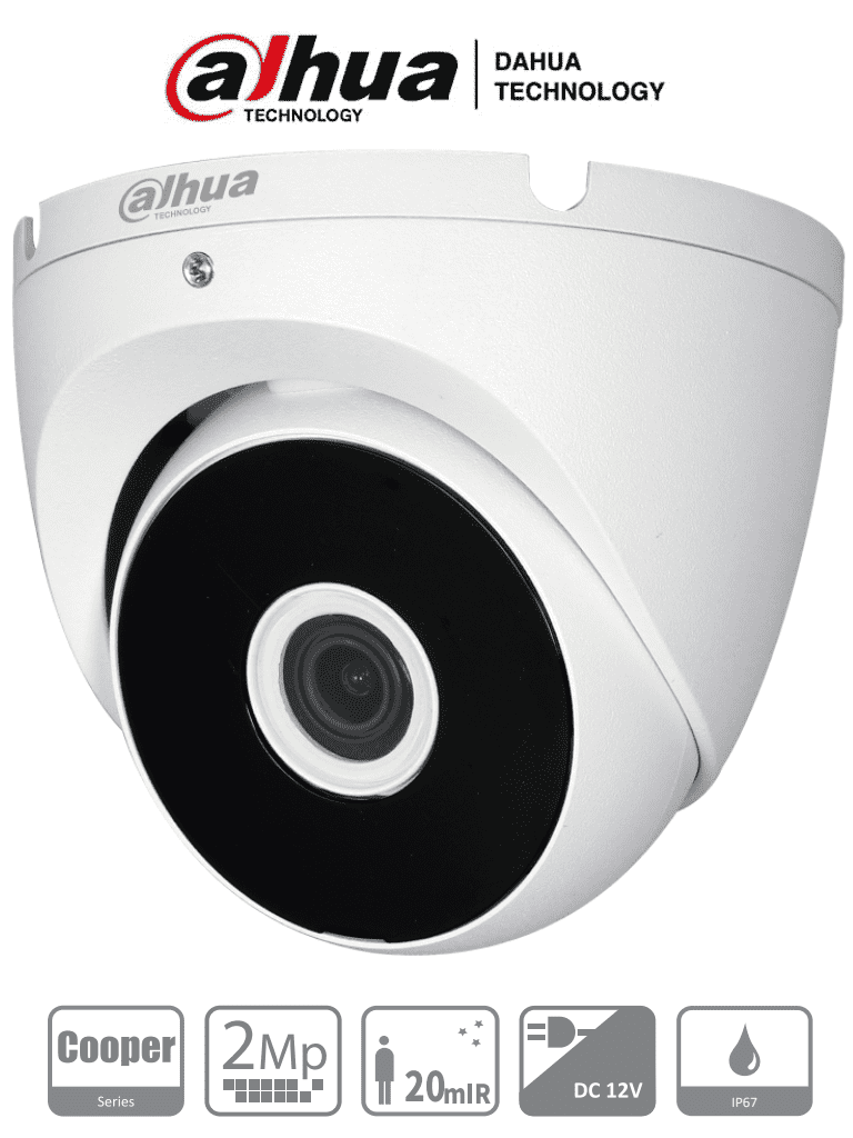  Dahua HAC-T2A21N-28: Cámara domo de 2MP, 1080p, lente de 2.8mm con ángulo de visión de 100 grados, IR de 20m, carcasa metálica, protección IP67. Compatible con CVI, TVI, AHD, CVBS.