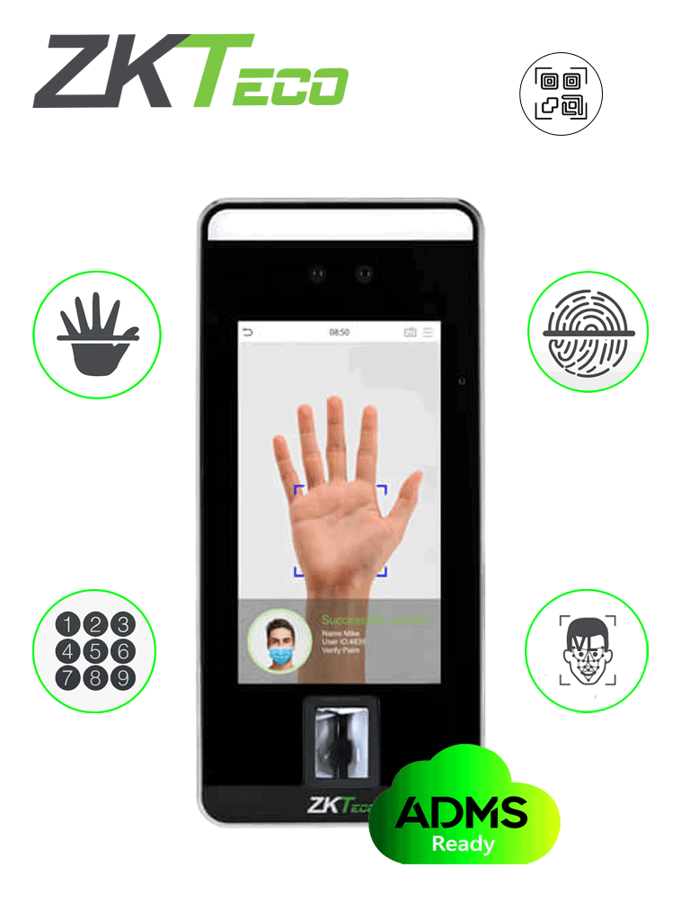  ZKTECO SPEEDFACEV5LP - Control de Acceso y Asistencia Facial Visible Light / 6000 Rostros / 3000 palmas / 6000 huellas / 200000 eventos / Sin módulo para tarjetas ID 