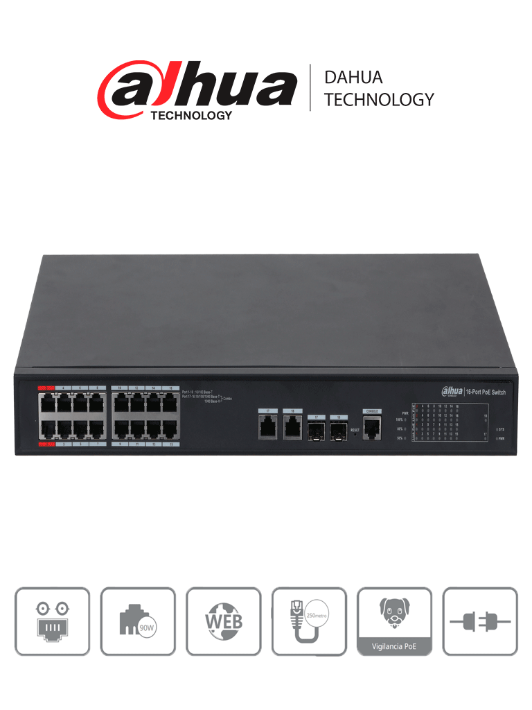 DAHUA DH-PFS4218-16ET-240  - Switch  PoE Administrable de 16 Puertos Ethernet/ 16 Puertos PoE/ 240 Watts Totales/ Interfaz Web/ Puerto 1 y 2 Soportan 90 Watts/ 2 Puertos SFP/ 2 Puertos Uplink/ PoE Watchdog/ Switching 8.8 Gbps/ 