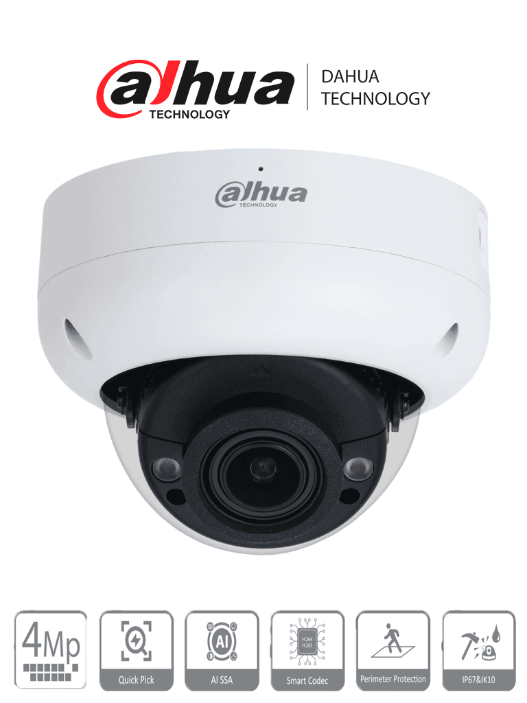 DAHUA DH-IPC-HDBW3441R-ZS-S2  - Cámara IP Domo Antivandálica 4 MP con lente motorizado 2.7-13.5mm e IR 40m,  cuenta con IA WizSense, Detección de Movimiento Inteligente, Protección Perimetral, Starlight, PoE, WDR, H.265+ y protección IP67 e IK10.