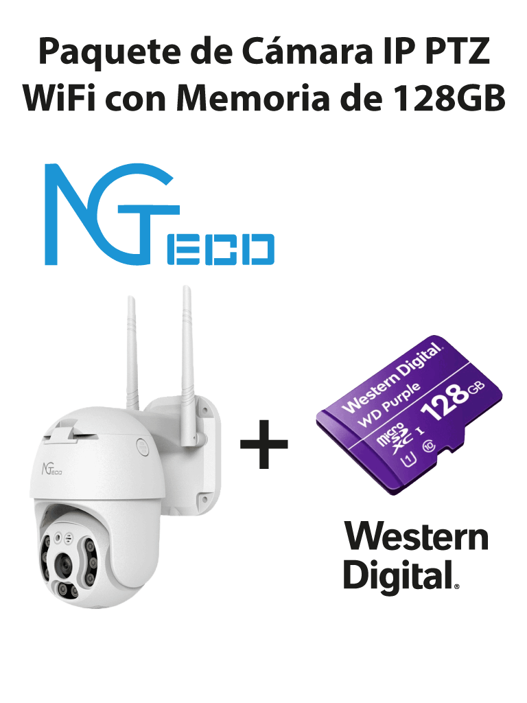 [ZKT0150003] NGTECO NGC4200PAK - Paquete de Cámara NGC4200 IP PTZ WiFi 3MP con Memoria de 128GB Micro SDXC/ Linea Purple/ Clase 10 U1
