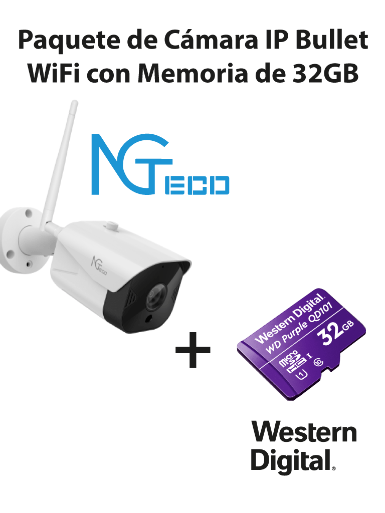 [ZKT0150006] NGTECO NGC401PAK - Paquete de Cámara NGC401 IP Bullet WiFi 1080P con Memoria de 32GB Micro SDHC/ Linea Purple/ Clase 10 U1