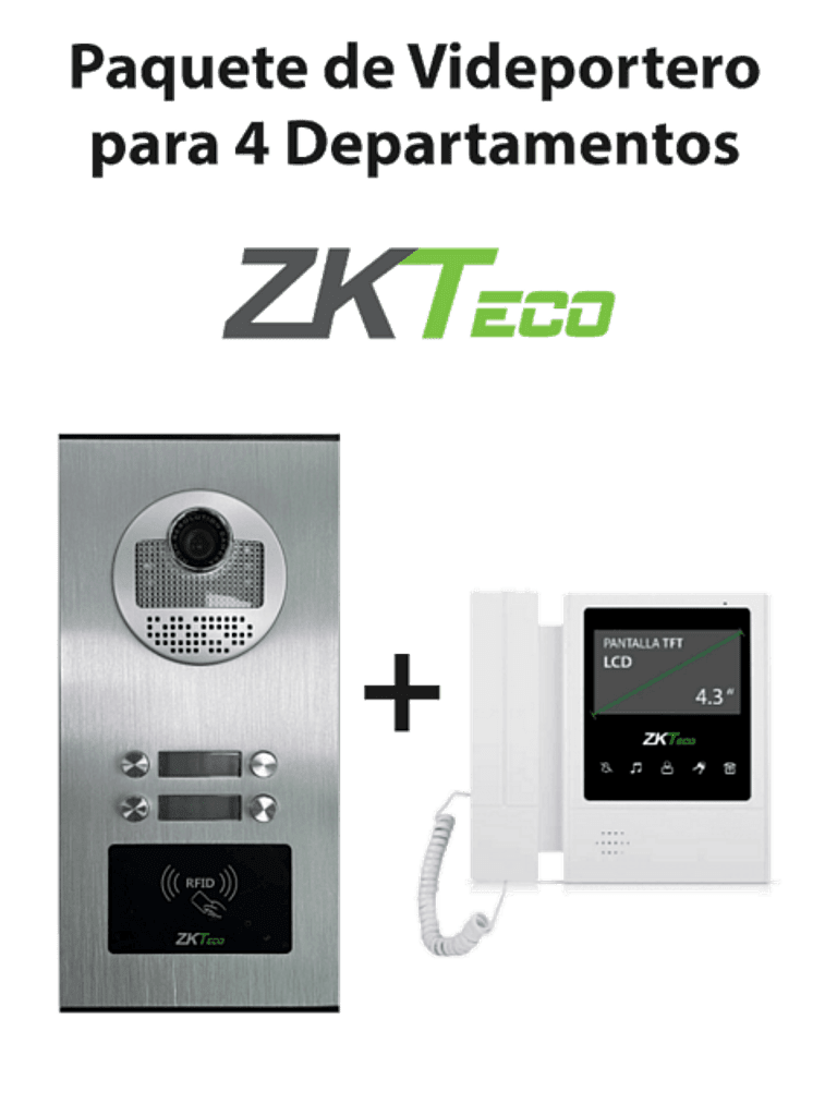 [ZKT2170005] ZKTeco VE04A01PAQ4P - Paquete de Videoportero para 4 Departamentos VE04A01 con  1 Monitor VDPIB4 de 4.3 pulgadas