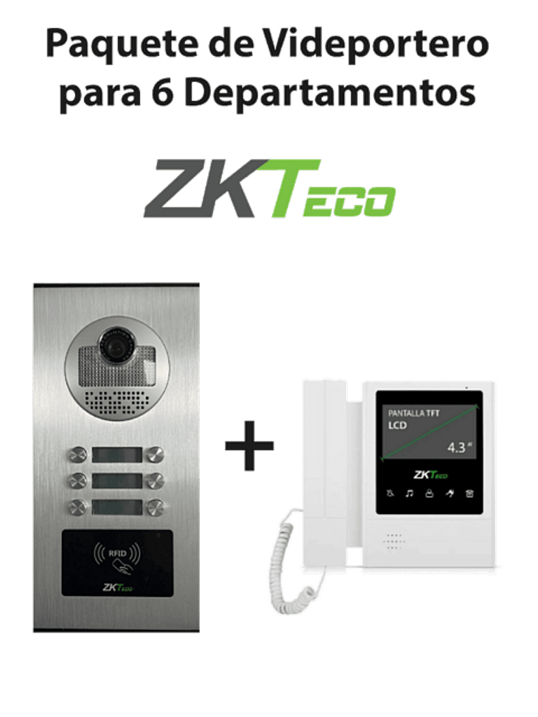 [ZKT2170006] ZKTeco VE06A01PAQ4P - Paquete de Videoportero para 6 Departamentos VE06A01 con 1 Monitor VDPIB4 de 4.3 pulgadas