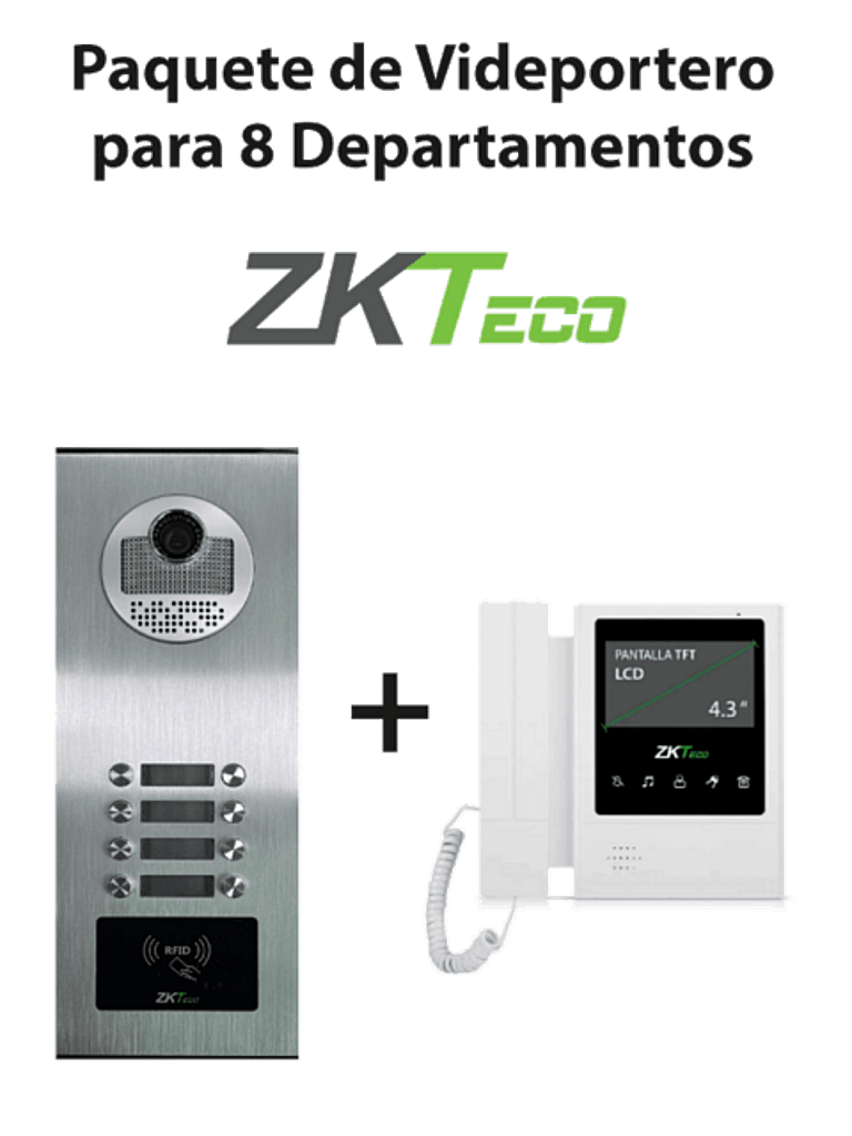 [ZKT2170007] ZKTeco VE08A01PAQ4P - Paquete de Videoportero para 8 Departamentos VE08A01 con 1 Monitor VDPIB4 de 4.3 pulgadas