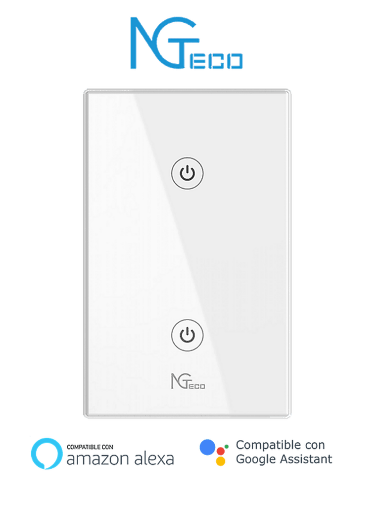 NGTECO NGS102 - Apagador Inteligente WiFi 2 Botones Touch / Control Remoto vía App / Control por Voz / Temporizador / Panel Táctil de Alta Sensibilidad / WiFI 2.4 GHz / Se requiere Cable Neutro / Compatible con Alexa y Asistente de Google 