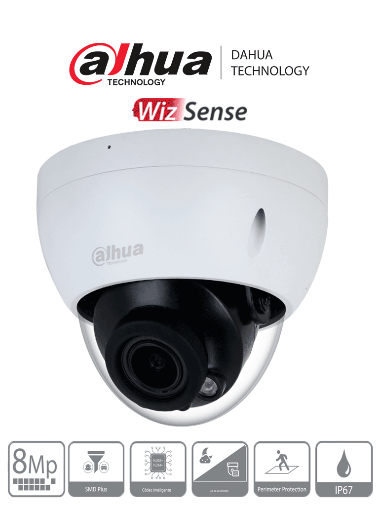 DAHUA DH-IPC-HDBW2841R-ZS - Cámara IP Domo Antivandalica Resolución de 8 MP/ Lente Mot. 2.7 a 13.5mm/ IR 40 mts/ IA WizSense/ Detección de Movimiento Inteligente/ Protección Perimetral/ Starlight/ PoE/ WDR/ H.265+/ IP67/ IK10/ 
