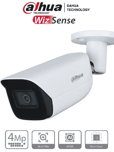 DAHUA IPC-HFW3441E-S-S2 - Camara IP Bullet de 4 Megapixeles con IA/ WizSense/ Lente de 2.8mm/ 107 Grados de Apertura/ Microfono Integrado/ IR de 50 Metros/ SMD 4.0/ Quick Pick/ AI SSA/ WDR Real/ IP67/ Ranura para MicroSD/ PoE/ #LoNuevo