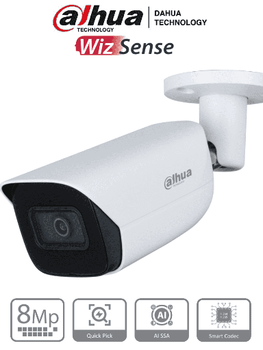 DAHUA IPC-HFW3841E-AS-S2 - Camara IP Bullet de 8 Megapixeles con IA/ WizSense/ Lente de 2.8 mm/ 107 Grados de Apertura/ H.265+/ Microfono Integrado/ 1 E&S de Alarma y Audio/ SMD 4.0/ WDR Real/ Quick Pick AI SSA/ PoE/ IP67/  #LoNuevo