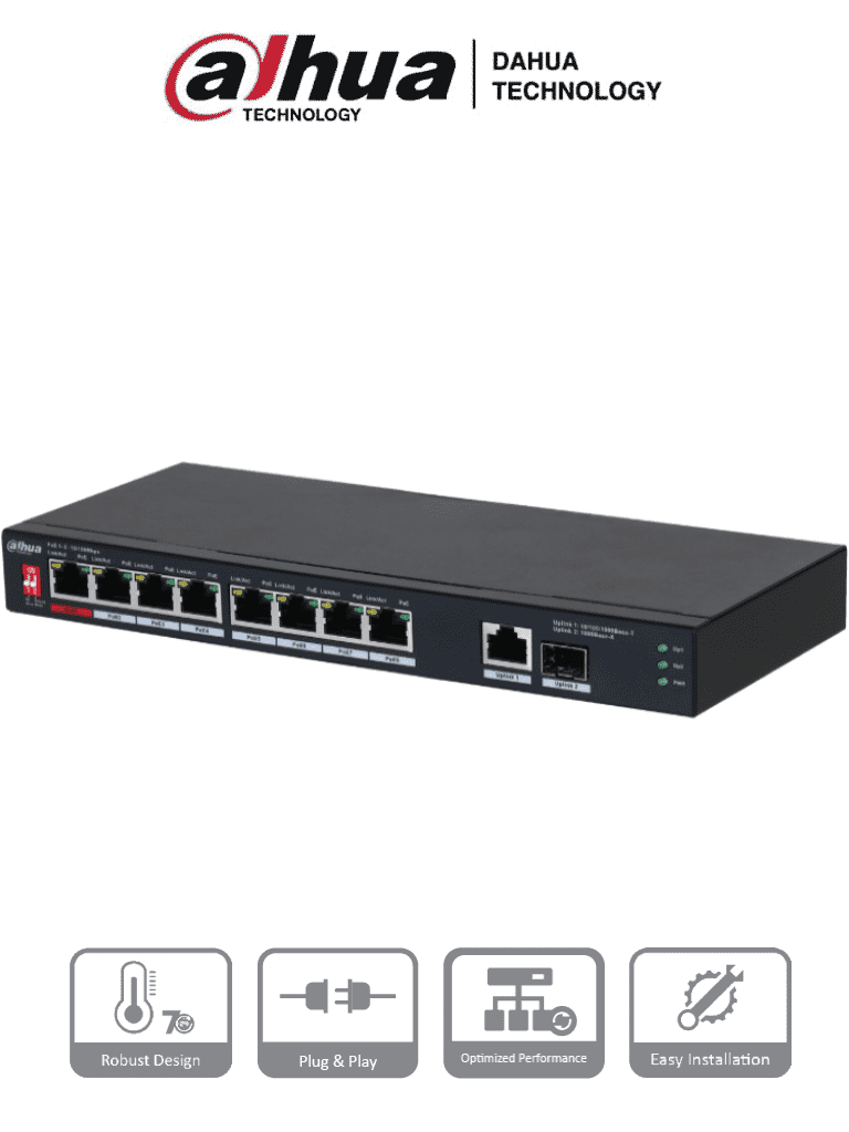 DAHUA PFS3110-8ET1GT1GF-96 -Switch PoE de 10 Puertos/  8 Puertos Poe 10/100/ 1 Puerto SFP de 1000 Mbps/ 1 Puerto Uplink de 10/100/1000/ 96 Watts Totales/ Alimentación hasta 250 Mts/ Soporta PoE Whatchdog/ Puerto Rojo soporta IEEE 802.3bt/ 
