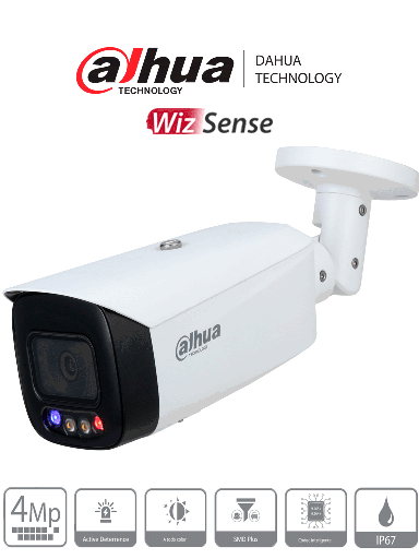 [DHT0030170] DAHUA IPC-HFW3449T1-AS-PV Cámara IP Bullet 4MP/ TiOC/ WizSense/ Iluminador Dual Inteligente/ Disuasión Activa/ Lente 3.6mm/ 30 Metros de IR y Luz Visible/ Sirena y Estrobo Azul y Rojo/ SMD 4.0/ Ranura Micro SD/ E&S de Alarma y Audio/ IP67.