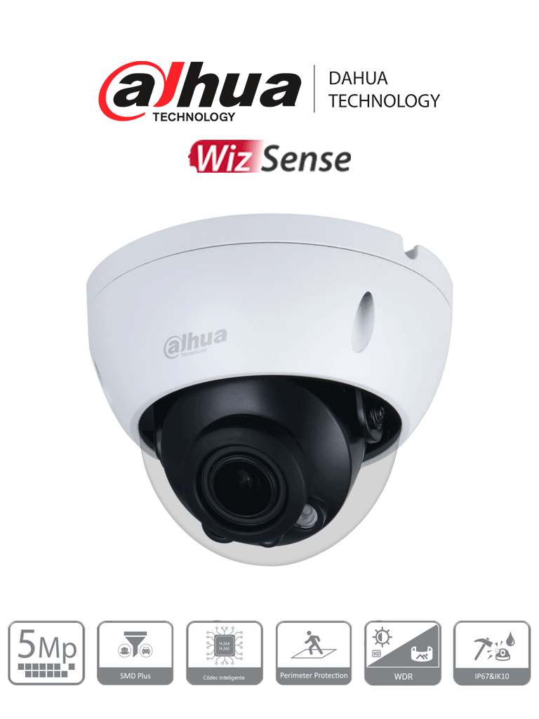 DAHUA DH-IPC-HDBW2541R-ZAS - Domo Antivandalico de 5 Megapixeles/ Lente Motorizado de 2.7-13.5/ WizSense/ IR de 40 Metros/ Ranura MicroSD/ E&S de Alarma/ Ik10/ PoE/ SMD Plus/ 