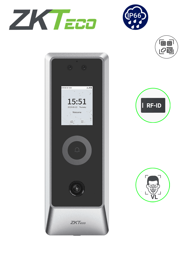 [ZKT0810070] ZKTECO PROMAQR - Control de Acceso Facial / QR / Exterior IP66 / Antivandalico IK07 / Standalone / 30,000 Rostros / 50,000 Tarjetas RFID / Pantalla TFT 2.0 Pulgadas / WIEGAND / RS-485 / Aluminio / De 30 °C a 65 °C