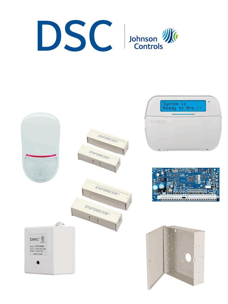 [DSC2480066] DSC NEO-LCD-SB - Paquete SERIE NEO con panel HS2032 de 8 zonas cableadas expandible a 32 / Teclado Alfanumérico HS2LCDN / Sensor PIR LC-200S Cableado / 2 contactos blancos  cableados / Transformador / Gabinete GTVCMX003 / Sin Batería #PKT