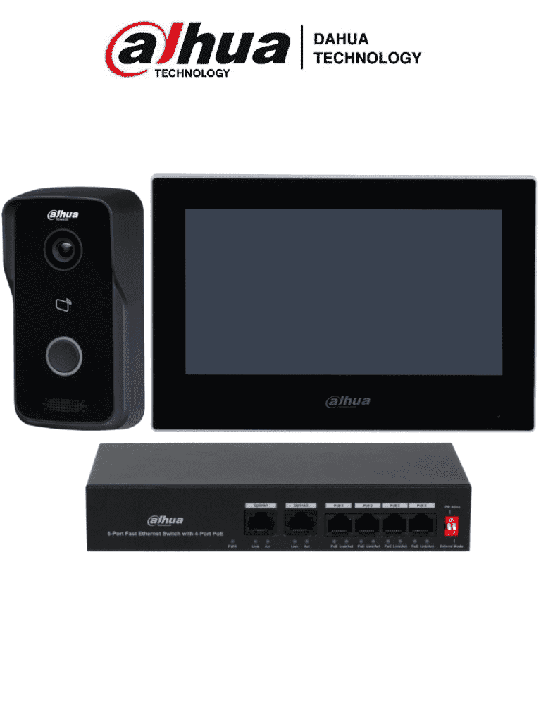 [DHT2400010] DAHUA KTP03-V2 - Kit de Videportero IP/ Monitor de 7 Pulgadas. Frente de Calle y Switch PoE/ 6&1 E&S de Alarma/ Frente de Calle IP65/ IR/ Apertura Remota / Switch de 4 Puertos PoE 10/100/ 2 Puertos Uplink/ Controla 1 Puerta/