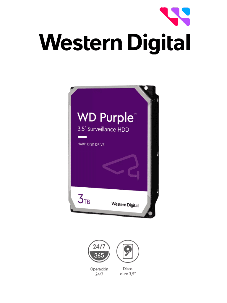 WESTERN WD33PURZ - Disco Duro de 3TB Purple/ Especial para Videovigilancia/ Trabajo 24/7/ Interface: Sata 6 Gb/s/ Hasta 64 Cámaras/ Hasta 16 Bahías de Discos Duros/ 3 Años de Garantía / 6Gb/s
