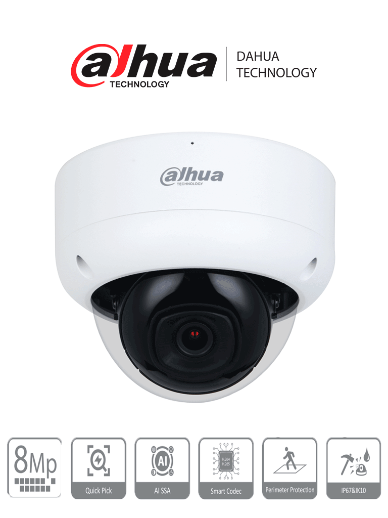 [DHT0040094] DAHUA DH-IPC-HDBW3841E-AS-S2 - Camara IP Domo Antivandalica 4k/ 8 Megapixeles/ WizSense/  Lente de 2.8 mm/ 107 Grados de Apertura/ SMD 4.0/ AI SSA/ Ranura MicroSD/ PoE/ IP67/ IK10/ #LoNuevo