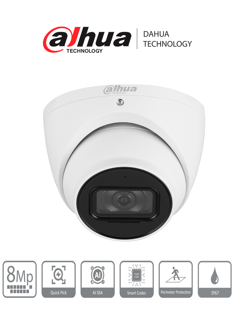 DAHUA DH-IPC-HDW3841EM-S-S2 - Camara IP Domo de 8 Megapixeles/ Eyeball/ WizSense/ Lente de 2.8mm/ Ranura para MicroSD/ IR de 30 Metros/ SMD 4.0/ AI SSA/ IP67/ PoE/ 