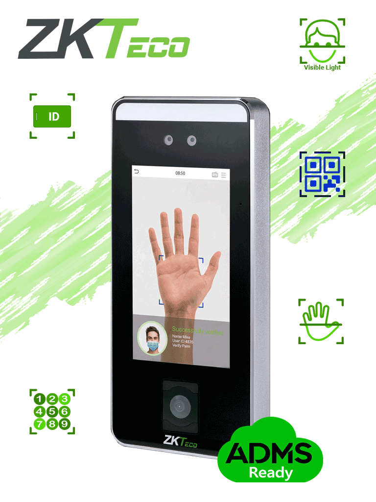 [ZKT0810074] ZKTECO SPEEDFACE-V5L-QR - Control de Acceso Facial / 6000 Rostros / 3000 Palmas / 10,000 Tarjetas ID 125 Khz / QR / Contraseña / 200,000 Registros / Reconocimiento en 0.35 s / Algoritmo Anti-spoofing / TCP/IP / WIEGAND / RS-485 / 