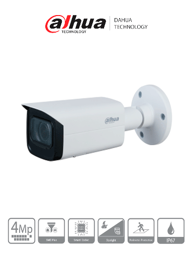 DAHUA DH-IPC-HFW3441TN-ZAS Cámara IP Bullet WizSense/  4MP IR varifocal/ LED IR 60 m/ E&S de Alarma y Audio/ Detección inteligente SMD +/ H265 / Ranura para MicroSD/ PoE/ IP67/ E&S de Alarmas/ E&S de Audio